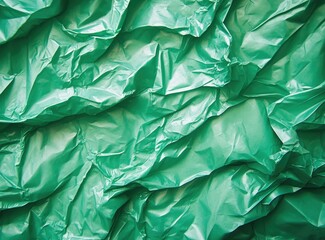 Textured teal plastic sheeting, rumpled and wrinkled.  Crinkled, vibrant teal material, close-up view of folds and creases
