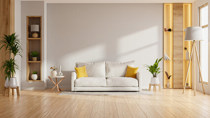 Minimalist living room with white sofa and yellow pillows- 3D rendering