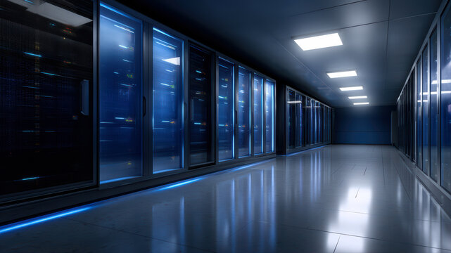 High-detail view of a modern server rack in a sleek data center