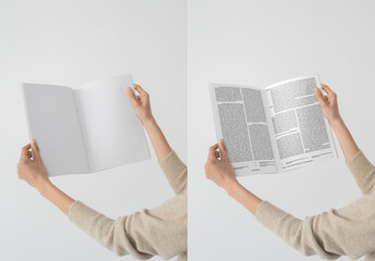 Mockup Of Woman Holding Customized A4 Magazine Open