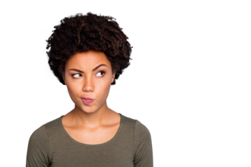 Hmm... interesting. Portrait of serious expression emotions minded afro american girl think try to solve decide solutions be creative wear good look outfit isolated over blue color background