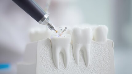 A dentist uses specialized tools on a dental training mannequin to demonstrate and ensure proper oral health. The focus is on maintaining a healthy tooth efficiently