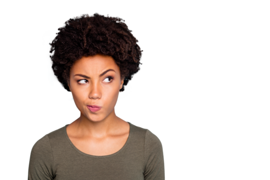 Hmm... interesting. Portrait of serious expression emotions minded afro american girl think try to solve decide solutions be creative wear good look outfit isolated over blue color background