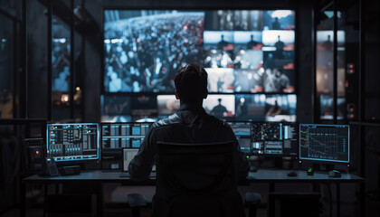 Fototapeta premium Security guard watches people through CCTV cameras. Concept of security and surveillance of people