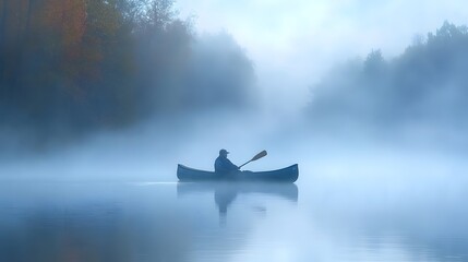 A fisherman in a canoe on a misty river