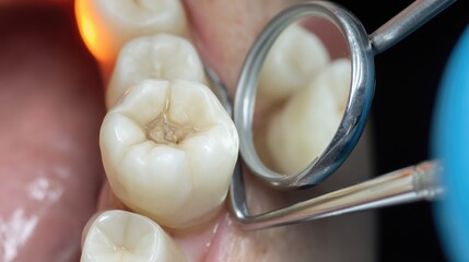 A close-up view of a fully erupted and healthy wisdom tooth being examined in a dental clinic, showcasing its position among adjacent molars. The dental tools reflect light as the inspection occurs