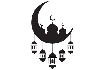 Mosque and crescent moon silhouette on white background

