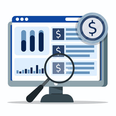 Research on potential of investments with magnifying glass and chart graphs of business growth on computer screen. Market analyzing concept.