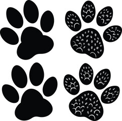 Collection of four detailed black and white paw prints illustrations