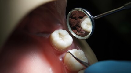 A dentist examines a fully erupted wisdom tooth using a dental mirror and explorer. The procedure takes place in a clinical environment, focusing on oral health and inspection techniques