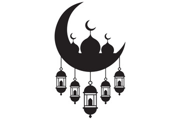 Mosque and crescent moon silhouette on white background
