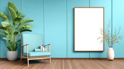 Minimalist Azure Room with Frame and Plants