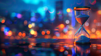 hourglass with sand on the  background with bokeh city  lights