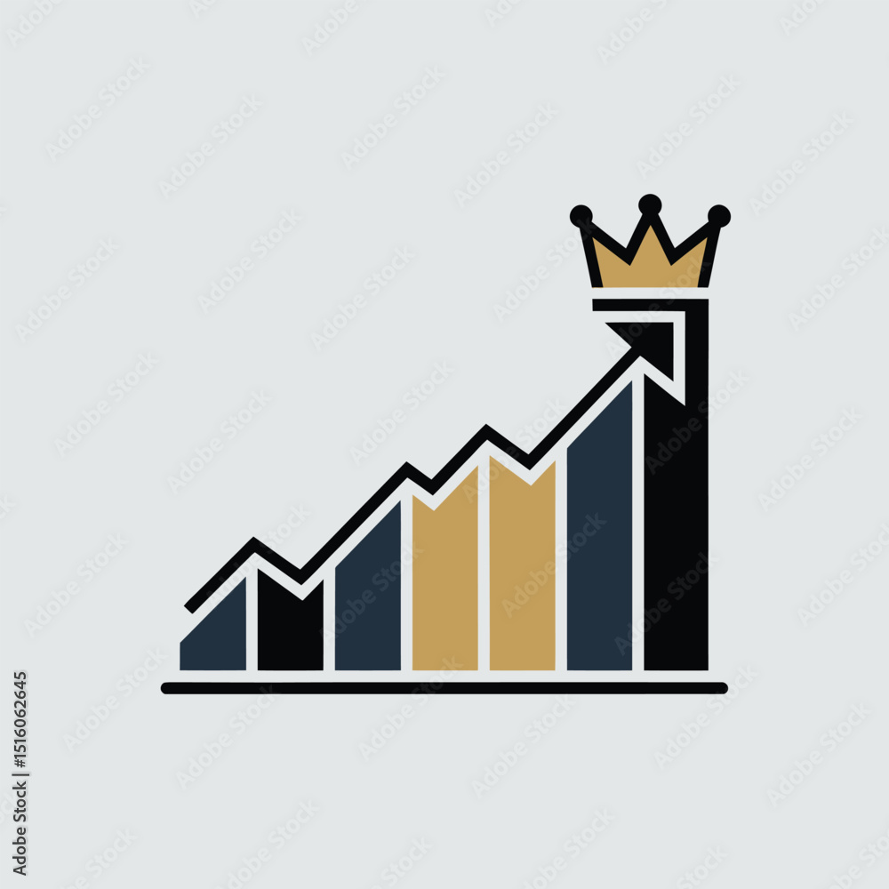 Poster business growth visualized with a crown icon over the arrow pointing upward and the business chart d