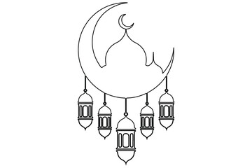 Crescent moon and mosque one line drawing minimalist vector illustration
