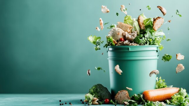 An action-packed shot of food scraps dramatically bursting out of a green compost bin, highlighting the importance of food waste management and sustainable living practices.