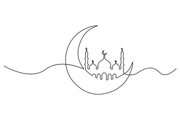 Crescent moon and mosque one line drawing minimalist vector illustration
