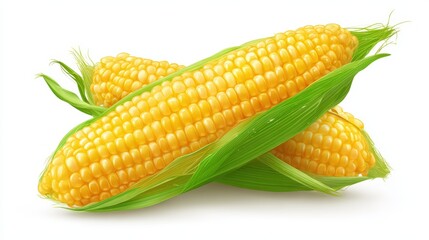Three Fresh Ears of Corn with Vibrant Yellow Kernels and Green Husks