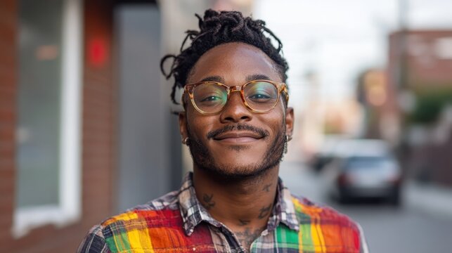 This vibrant portrait captures a smiling man wearing stylish glasses and a colorful outfit, set against an inviting urban backdrop that radiates confidence and positivity.