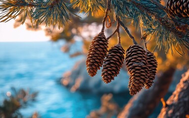 Close-up of pine cones hanging from a branch, with a blurred ocean backdrop.  Golden-brown cones, vibrant teal water, and warm light
