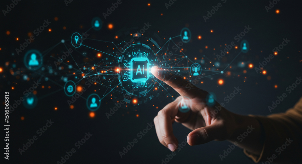 Poster a finger touching a glowing ai chip surrounded by connected user icons on a dark digital background