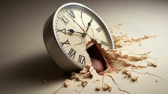 A clock breaking through a wall, symbolizing the passage of time and disruption with dramatic lighting and shattered debris.