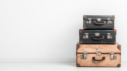 Obraz premium A collection of vintage suitcases stacked neatly, showcasing timeless design and a hint of nostalgia, perfect for travel enthusiasts and retro decor lovers.
