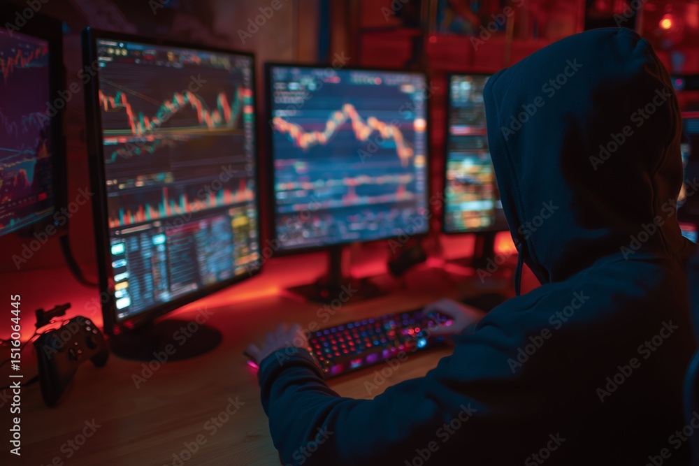 Poster person engaged in trading activities in a dimly lit room with multiple monitors displaying financial