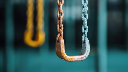 A close-up of vibrant swing chains suspended against a soft-focus background, evoking feelings of childhood joy and nostalgia through their cheerful colors and playful design.