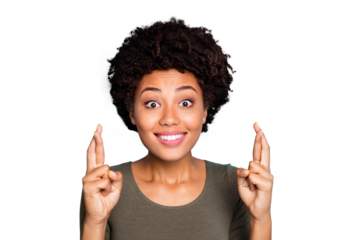 Close up portrait of charming funny cute sweet attractive girlish lady with fingers crossed staring at you expecting with pleading face expression isolated over blue bright color background