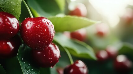 An enticing close-up of glistening red cherries surrounded by fresh green leaves, highlighting their natural shine, juicy appeal, and nutritional value, suggesting freshness and vitality.