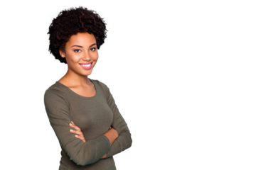 Turned photo of positive cheerful successful mulatto girl  true leader on her enterprise cross hands wear green pullover outfit isolated over blue color background