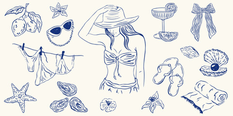Hand drawn Italian summer vacation illustration set. Palm tree, lemon, cocktails and seashells in doodle sketch style. Sea weekend or rest collection for invitations to beach party, wedding, picnic.