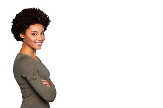 Profile side photo of positive dreamy mulatto girl really successful entrepreneur ready solve work problems wear green jumper isolated over blue color background