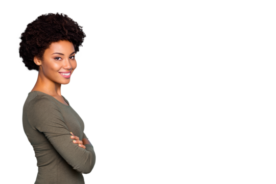 Profile side photo of positive dreamy mulatto girl really successful entrepreneur ready solve work problems wear green jumper isolated over blue color background