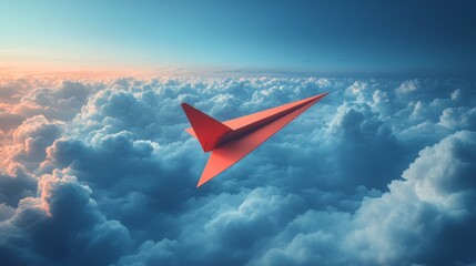 Bright Red Paper Plane Gliding Through Soft White Clouds at Sunrise