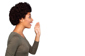 Photo of stunned attractive cheerful american youngster screaming at empty space to announce...