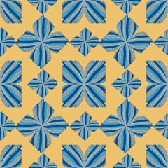 This geometric floral pattern features blue petals with intricate white and gray detailing, forming large flower-like squares on a yellow background, creating a rhythmic, repeating layout.