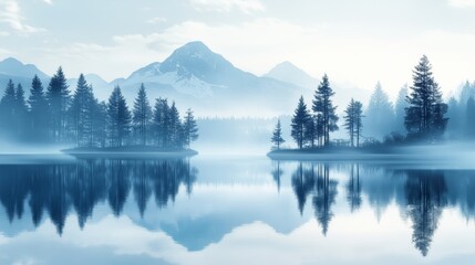 Fototapeta premium Serene Mountain Landscape with Misty Lake and Pine Trees at Dawn