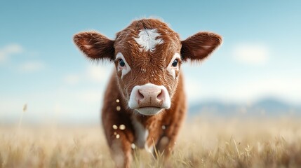 A charming brown calf looks directly into the camera against a beautiful, nature-filled backdrop, evoking feelings of innocence and curiosity in a pastoral setting.