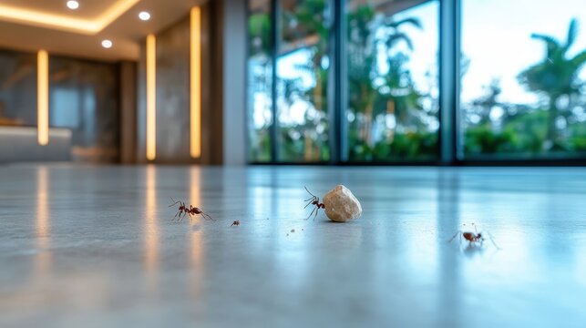 Close-up view of small ants moving purposefully around a crumb on a sleek, modern floor, highlighting nature's persistence and the intricate relationship between living beings and their environment.