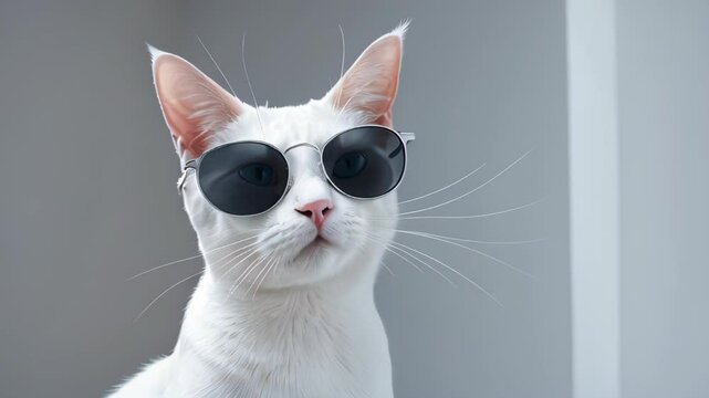 A stylish white cat wears sunglasses, striking a pose with a cool, confident attitude.