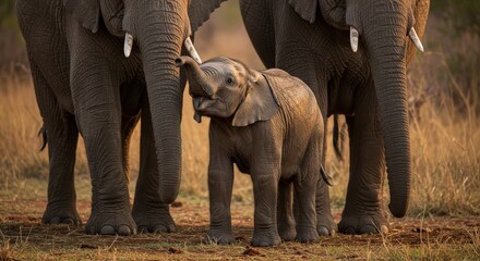 African Elephant Family Baby Elephant Surrounded by Adults in Golden Hour Light