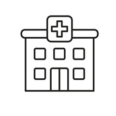 Medical icons. Hospital / Clinic. Building with red cross symbol in the middle. prevention, health, diagnosis. Outline design style