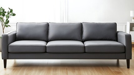 Gray couch with three cushions sits in a room with a potted plant
