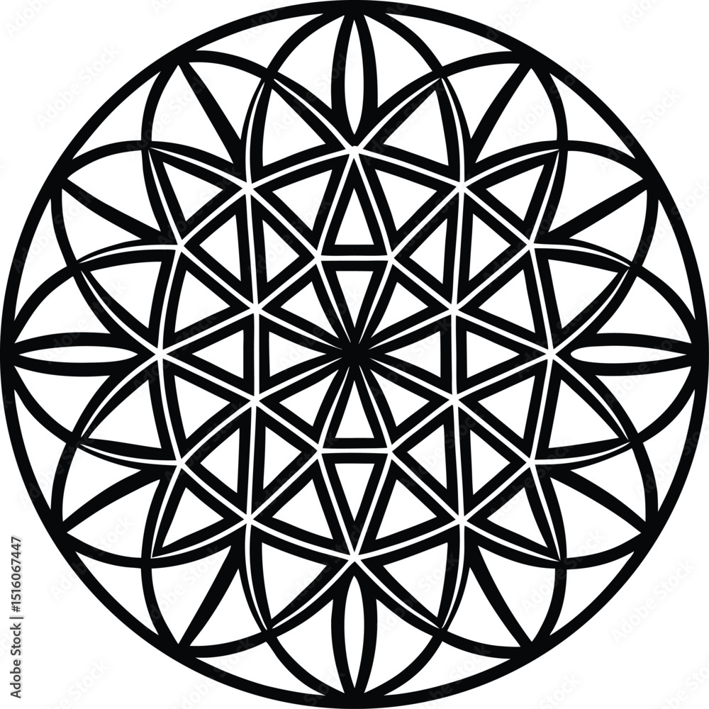Poster abstract geometric mandala design featuring interlocking triangles and circular patterns