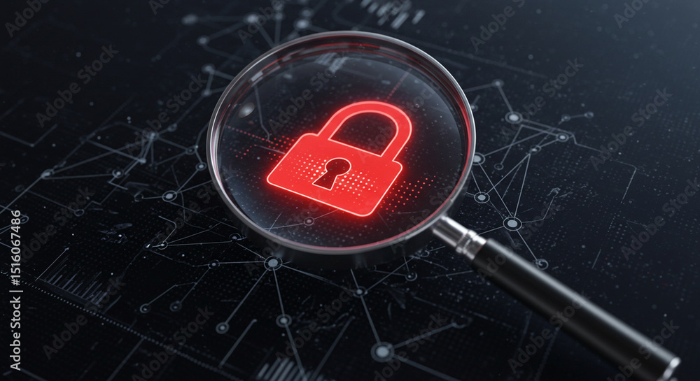 Poster a red padlock under a magnifying glass on a dark background with network connections visible around 