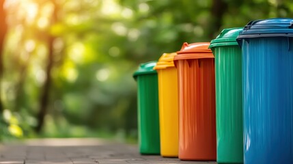 A vibrant row of colorful garbage bins stands resiliently amidst a lush green park, representing the importance of waste management and environmental consciousness.