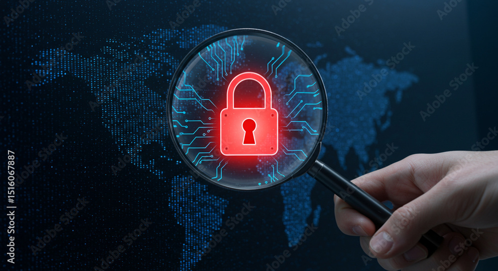 Poster a hand holding a magnifying glass over a red padlock with a world map in the background security con