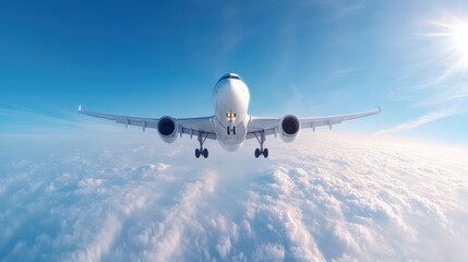 A striking image of an airplane soaring through a sea of clouds against a backdrop of a clear blue sky, capturing the essence of air travel and freedom.